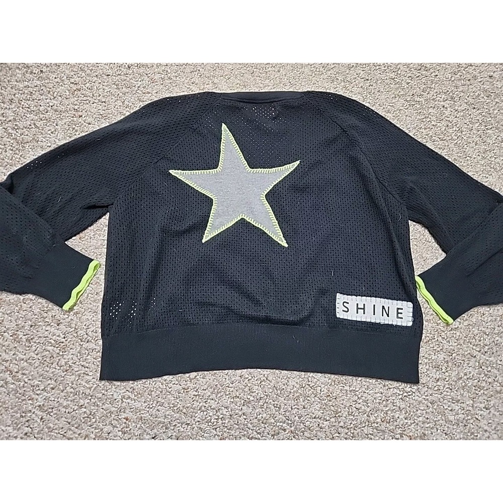 WISPR Women Black Neon Green Star Shine Open Knit Mesh Cardigan Sweater XL
